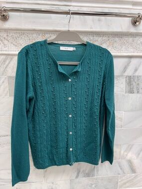 Teal Cable-Knit Button Cardigan Sweater